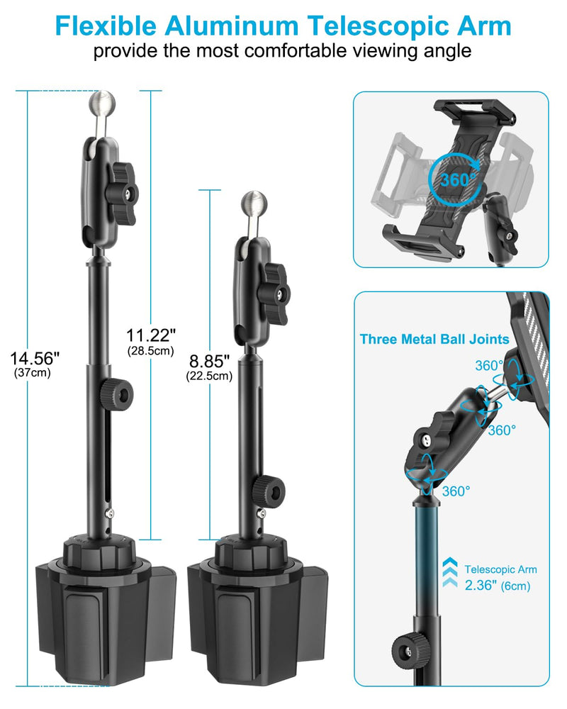 Cup Holder Car Large Tablet Mount, [Up to 15.6"] Metal Adjustable Arm CupHolder Tablet Clip, Heavy Duty Truck Cup Holder for iPad Pro 13 12.9 Air Mini, Galaxy tab, iPhone, 6.1-15.6" Devices