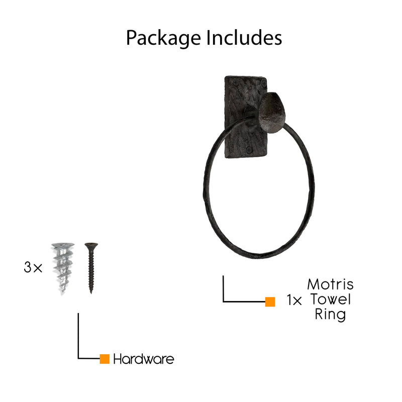 Rustic State Motris Wall Mount Railroad Spike Industrial Design Cast Iron Towel Ring with Hammered Effect Texture for Bathroom and Kitchen - Hand Towel Holder Hanger Rack - Black