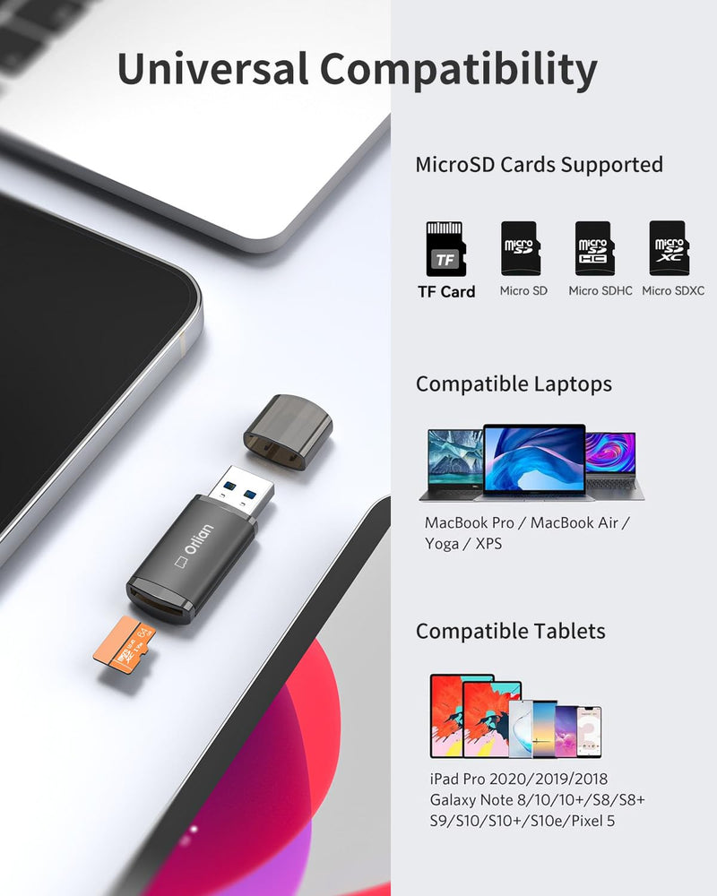 USB 3.0 Micro SD Card Reader, for MicroSD, MicroSDHC, MicroSDXC UHS-I Memory Card, Compatible with Windows, MAC MacBook Pro/Air, iPhone 15 Pro/Max, Android Galaxy and More, Black