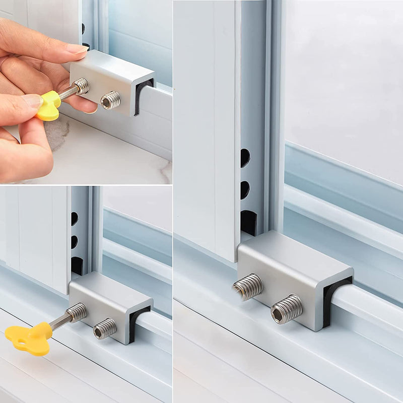 Window Locks, 8 Sets Sliding Security Window Lock with Key for Vertical & Horizontal Sliding Windows & Sliding Doors, Adjustable Window Locks Security Window Stoppers for Patio Bedroom Home and Office Silver 8 Sets