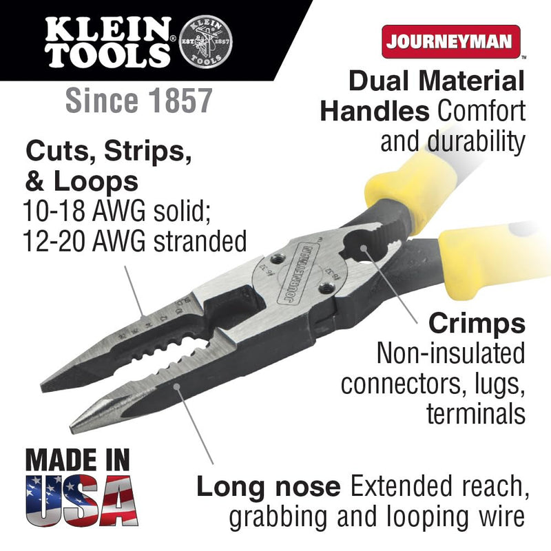 Klein Tools J207-8CR Needle Nose Pliers, Made in USA, All-Purpose Linesman Pliers for Crimping, Looping, Cutting, Stripping, Crimping, Shearing Crimper