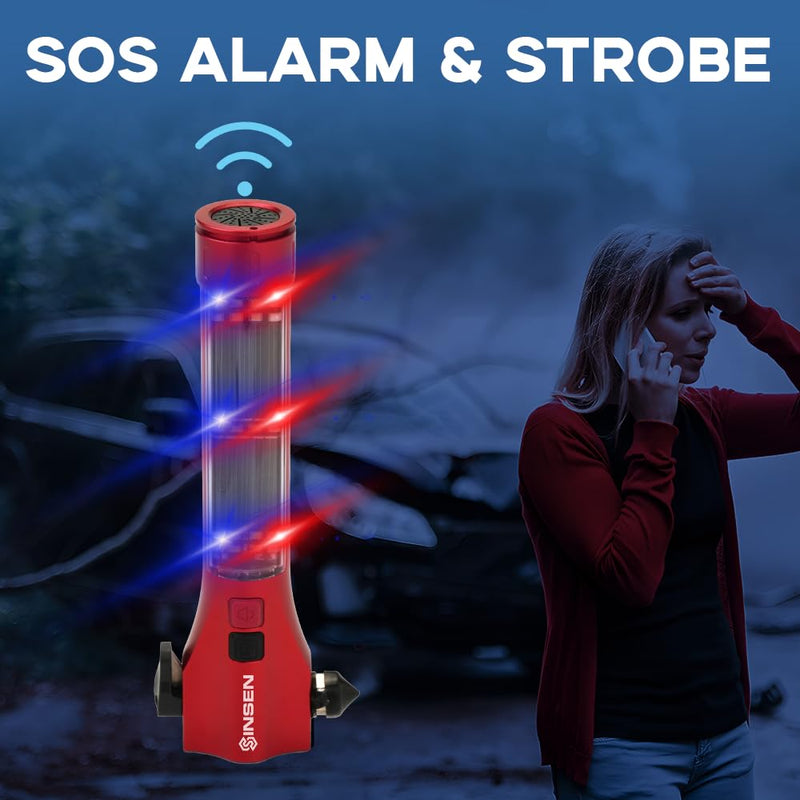 SINSEN Emergency Flashlight for Car, Seatbelt Cutter Window Breaker, 16-in-1 Multifunctional Safety Tool—Glass Hammer/Bright Solar Torch/Rechargeable/Rescue Alarm & Beacon/Repair Magnet Red 7.8in