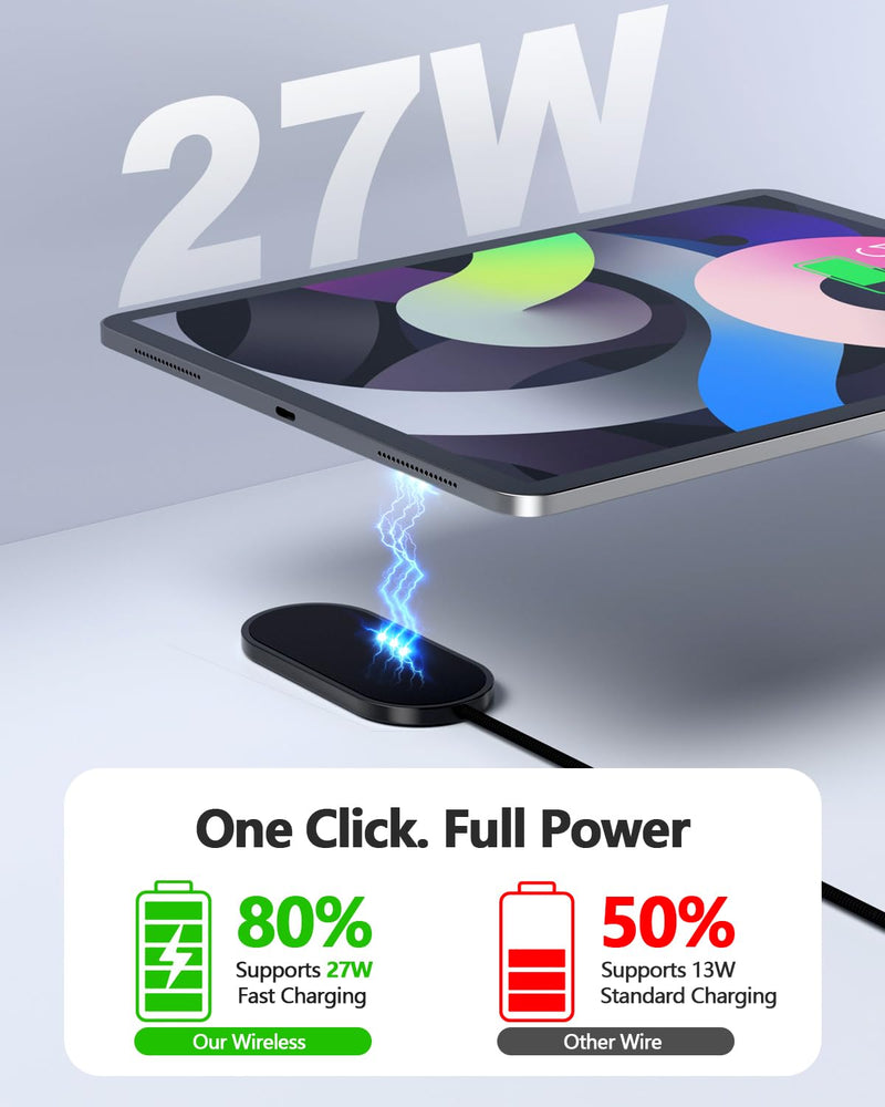 Magnetic Wireless Charger for iPad Pro 11 (1st/2nd/3rd/4th) & iPad Air 11 (M2/M3) & iPad Air 10.9 (4t, 27W Fast Charging Smart Connector Alloy Wireless Charging Pad with USB-C Cord Cable 11inch 1st-4th Gen