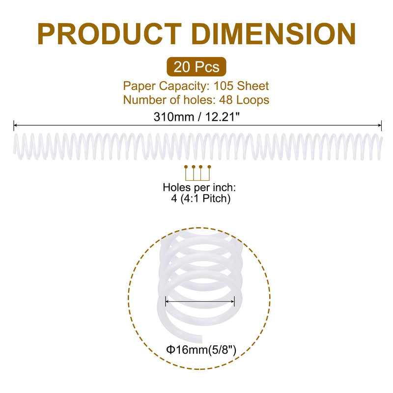 PATIKIL 20 Pack Plastic Spiral Binding Coils, 16mm(5/8") Binding Coils 105 Sheet Capacity Spiral Binder Rings 4:1 Pitch for Office Classroom, White 5/8 Inch