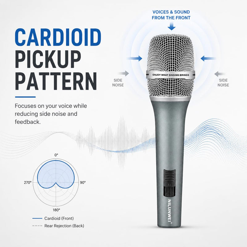 Dynamic Microphone - Heart shaped Directional Wired Microphone, used as a vocal microphone for live sing, with 14 foot XLR to 1/4 inch audio cable, desktop tripod, extension pole, Mic storage bag