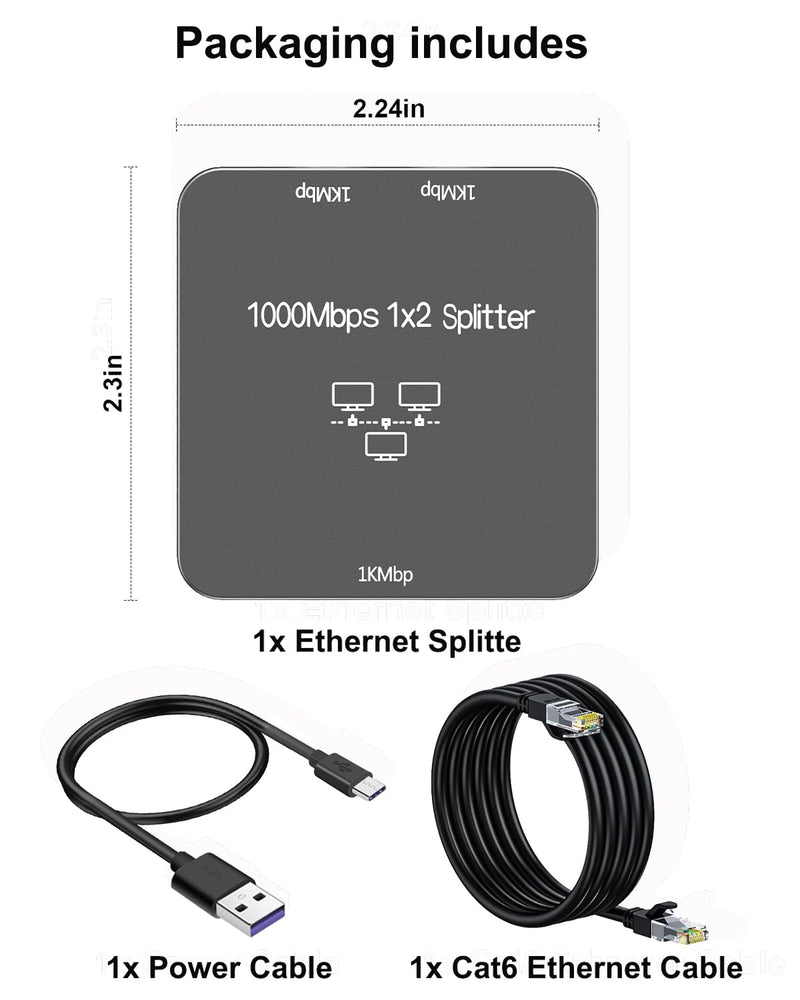 Ethernet Splitter 1 to 2 with Ethernet Cable, Gigabit RJ45 Internet Splitter Adapter 1000Mbps High Speed for Cat 5/5e/6/7/8 Cable,Grey