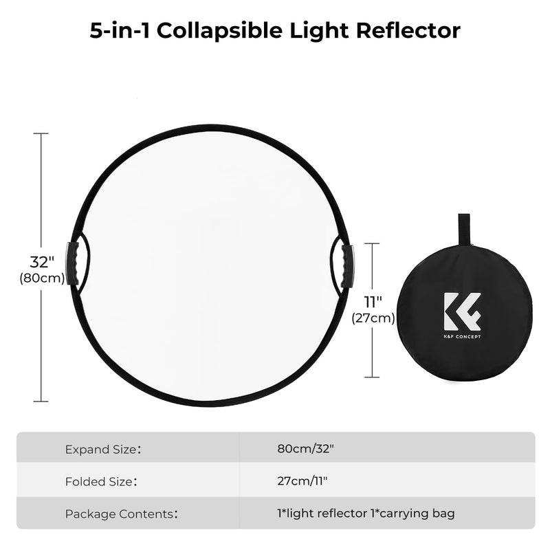 K&F CONCEPT Light Reflector with Grips, 32"(80cm) 5-in-1 Photography Diffuser Collapsible Portable with Grips for Studio and Outdoor Lighting Gold Silver White Black Translucent 32'' (80cm)