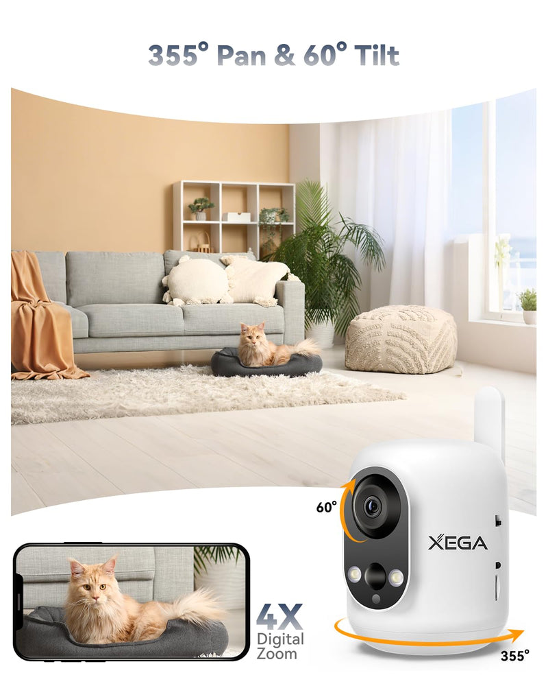 Xega 4G LTE Cellular Security Camera Indoor Wireless, 2K No WiFi Camera for Baby/Pet/Elderly with Phone App, 355°P/60°T, 6000mAh Battery, PIR Detection, Cloud/TF, Not Waterproof, Built-in SIM Card