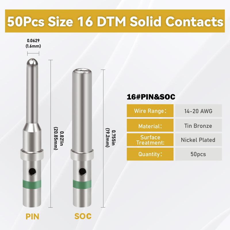 200PCS Deutsch Connector Pins and Sockets Solid Contact Kit Barrel Style Contacts Size 12 16 20 Male Female Terminals DT Series Pin for Connectors Kit Crimp Solid Terminal for DT, DTP, DTM