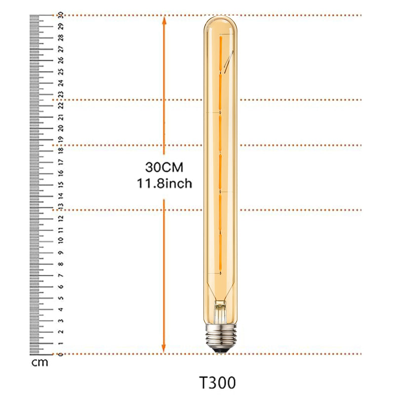 LEOOLS 4-Pack Vintage LED Filament Bulb T300 Dimmable Led Edison Light Bulb 6W(60W Equivalent) 11.8inch Long Tubular Vintage LED Light,Amber Glass,Warm White 2700K,E26 Medium Base 6w=60w 2700k 11.8in