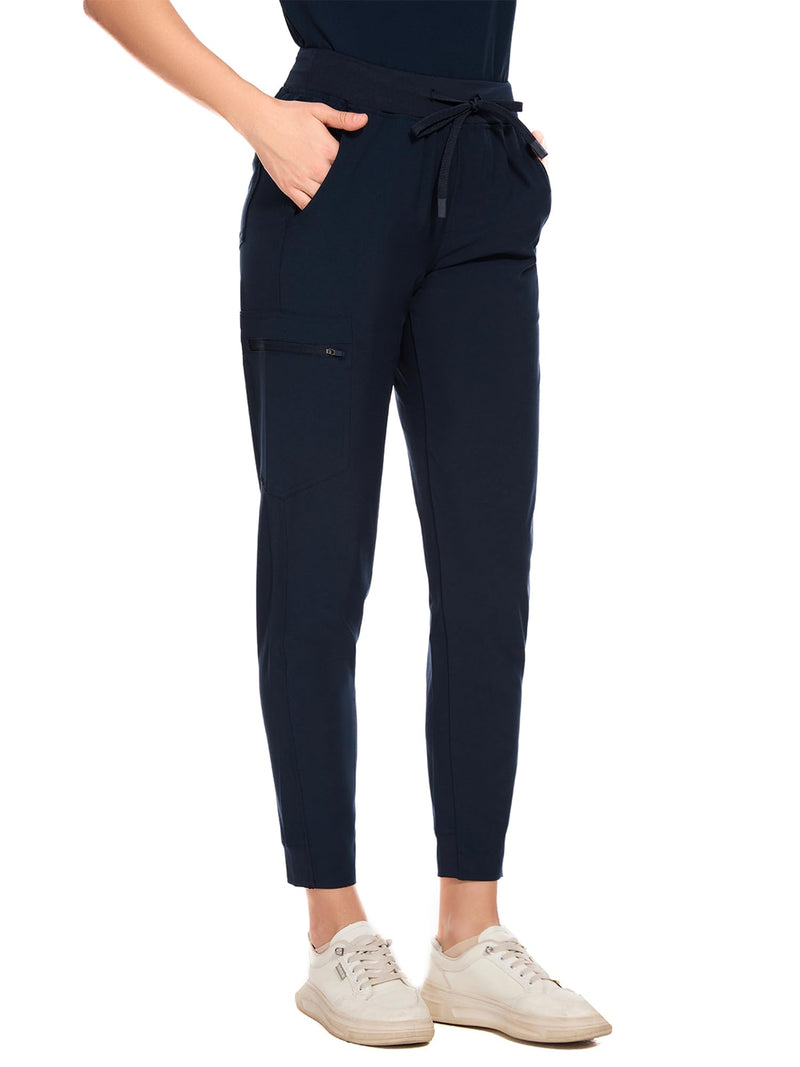 COZYFIT Medical Scrubs for Women Set - Curved V-Neck Scrub Top & Jogger Pants with 8 Pockets Large Navy Blue