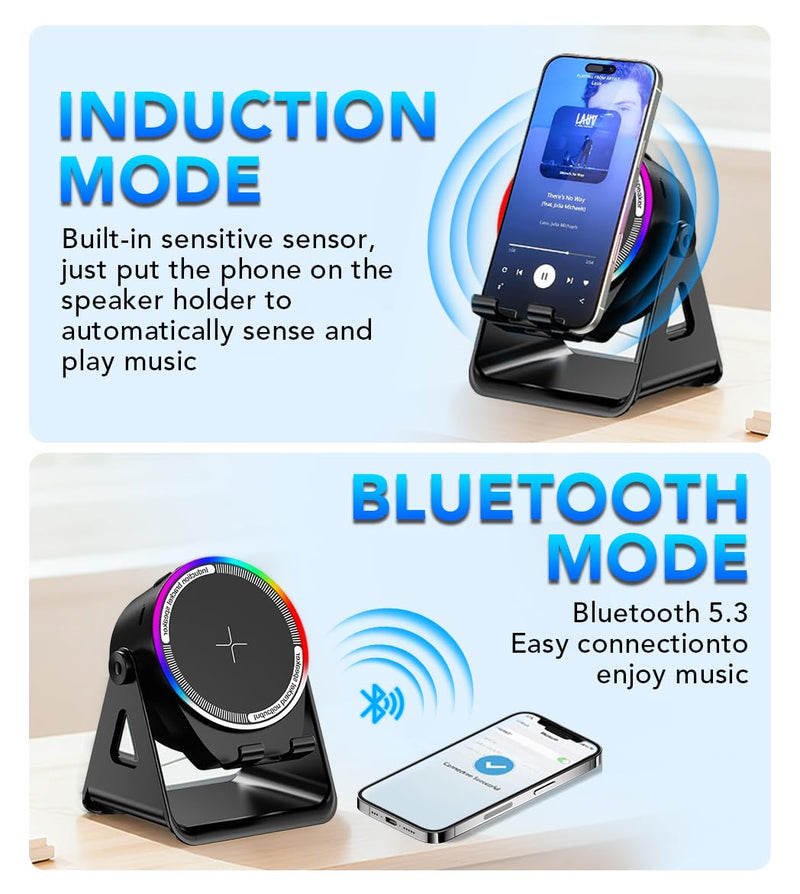 Bluetooth Speaker, 4-in-1 Wireless Induction Speaker & RGB Light Stand Multi-Functional Phone Stand Instant-Connect Stereo Sound, 360° Adjustable Holder for iPhone/Android/iPad/Samsung