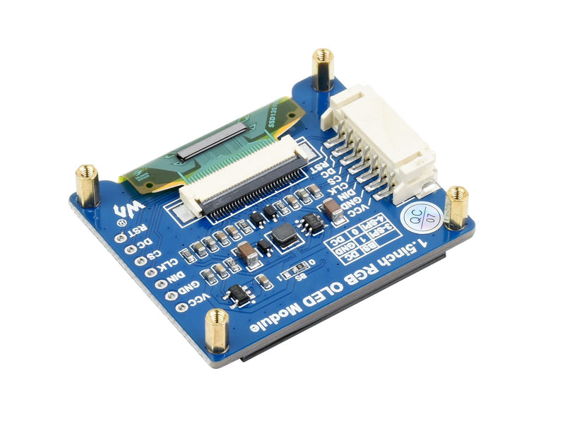 waveshare 1.5inch RGB OLED Display Module 128x128 Pixels 16-bit High Color (65K Colors) with Embedded Controller Communicating via SPI Interface.