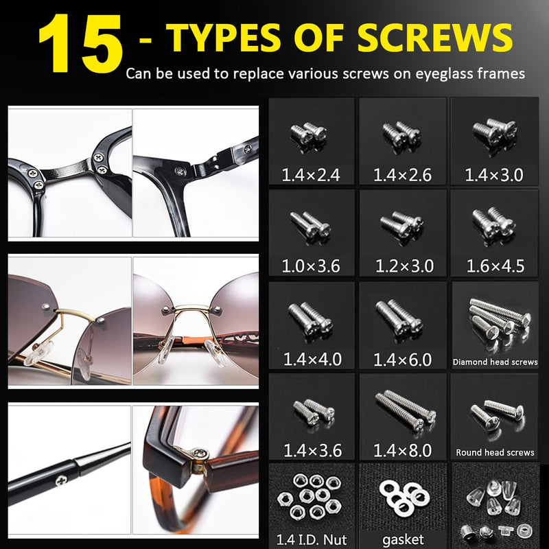  [AUSTRALIA] - PTSLKHN Eyeglass Repair Kit with Screws, 15 Types Screws for Eyeglasses - Frame Screws, Hinge Screws, Nose Pads Screws - Essential Eye Glasses Repairing Kit Tool Small-15 types screws