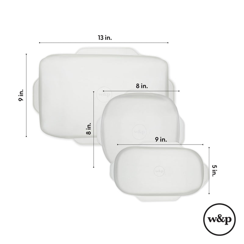 W&P Reusable Silicone Stretch Lid, Set of 3 – Casserole (9x13), Brownie (8x8), Loaf (5 x 9), Dishwasher Safe, Freezer Safe, LFGB/Premium Materials, Microwave Safe, Clear