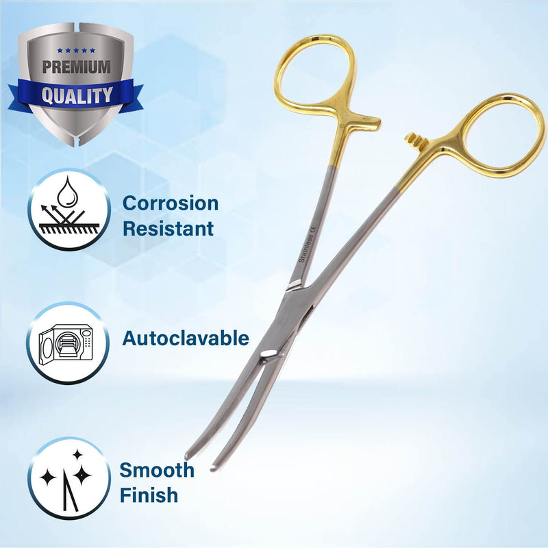 Kelly Hemostat Forceps 5.5" Curved Clamps with Half Serrated Jaws Ideal for EMT, Firefighter, Nurses, Dental, hobby, Fishing Electronics, Pruning + More Stainless Steel (Gold Handle) Gold Handle