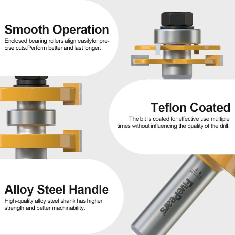 FivePears Adjustable Tongue and Groove Router Bit Set with 1/2 Inch Shank, Shaker Style 3 Teeth T Shape Wood Milling Router Bit for Match Oak Hardwood Floor Wainscoting Boards Joinery 1/2-Inch Shank Adjustable Tongue and Groove Router Bits
