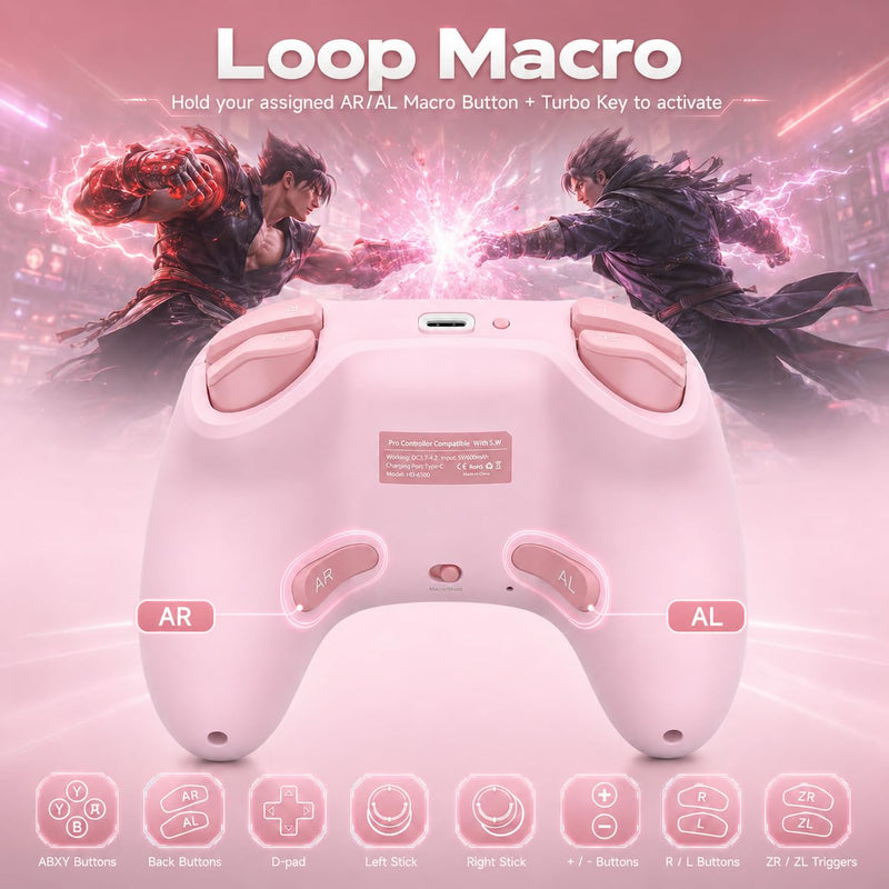 aghi Hall Effect Wireless Gaming Controller with Phone Clip | for iPhone/Android/PC/Steam/TV/Switch/Switch 2 with Hall Joysticks, Lock Speed, Macro, 6-Axis Gyro, Vibration, Turbo, Pink Light Pink
