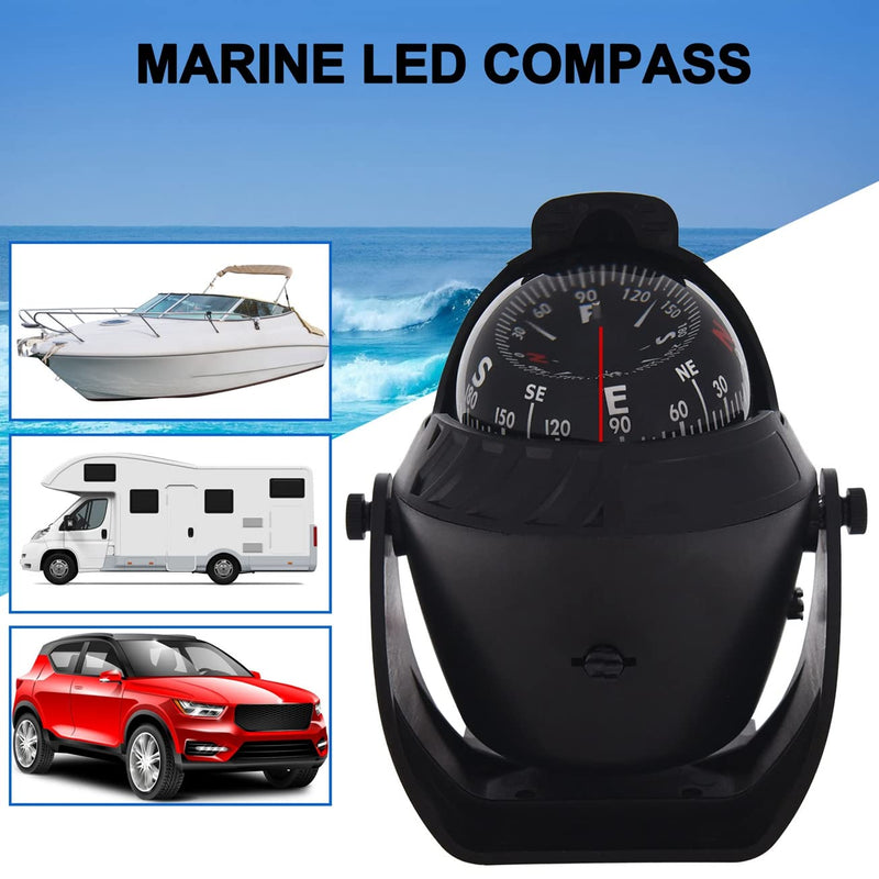 Marine Compass for Boat LED Light Navigation Pivoting Electronic Automotive High Precision Compass for Sailing Boat Car Truck Black
