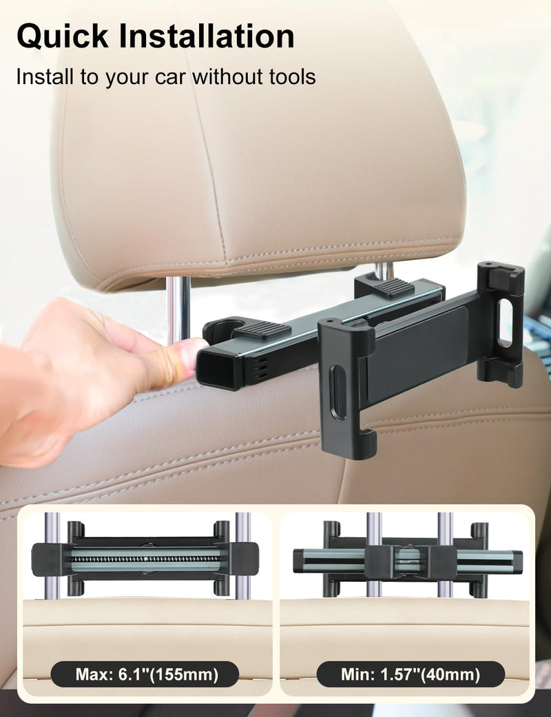 YUGUANG Tablet Holder for Car, Triangle Extension Arm Anti-Shake 360° Rotation Road Trip Essentials Back Seat Headrest Tablet Car Mount Compatible with iPad Pro, Air, Mini, 4.7-11" Devices