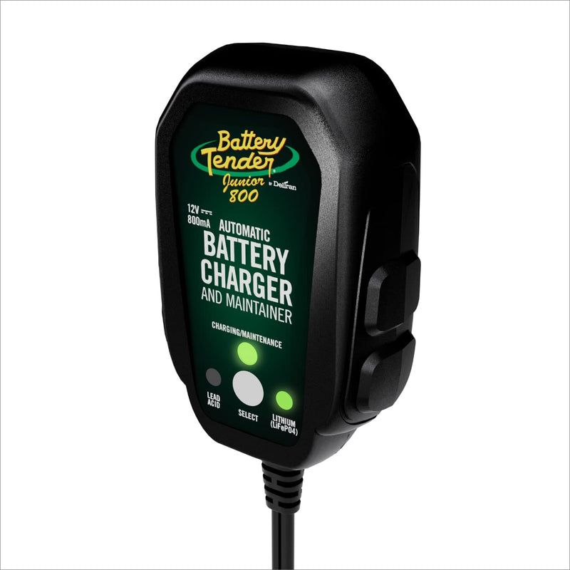 Battery Tender Junior 12V, 800mA Battery Charger and Maintainer for Lead Acid and Lithium Batteries - Switchable Battery Charger for Powersports - 022-0199-DL-WH