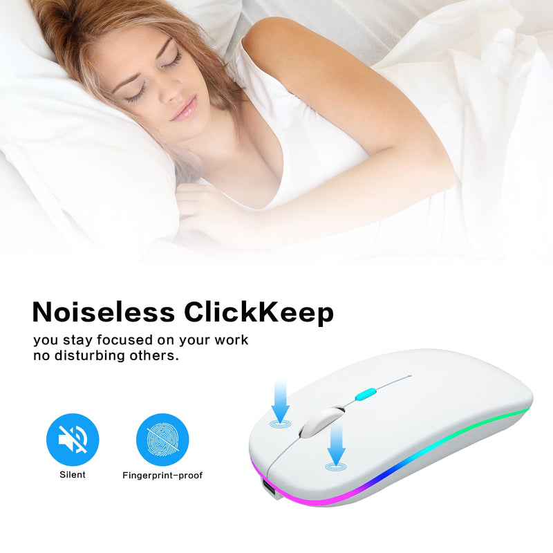 Wireless Bluetooth Mouse,LED Rechargeable Laptop Mouse.Portable Computer Mice use(BT5.2 and USB 2.4G) Dual Mode Connection,Silent,Slim,for Apple Laptop/ipad Tablet/Mac/PC. (White) White