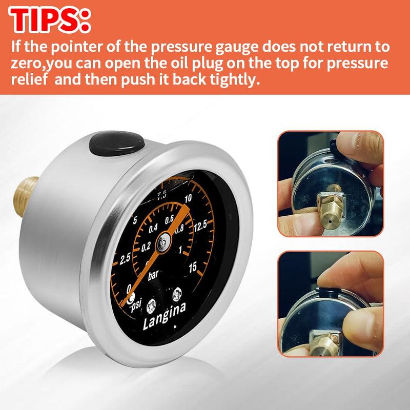 1/8" NPT Fuel Pressure Gauge Kit, 0-15psi Fuel Gauge, 1/8" Back Mount, Glycerin Filled Pressure Gauge with 2-Way Barbed Hose Fitting, Dual Use 5/16"(8mm) to 3/8"(10mm) Barb Fitting(304SS)