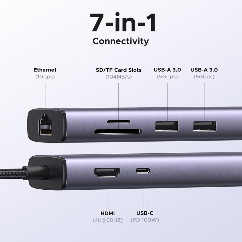 UGREEN Revodok 7 in 1 USB C Hub Gigabit Ethernet Adapter 4K@60Hz HDMI | 100W PD Charging, USB A Data Ports, SD/TF Card Reader Compatible with MacBook Neo/Pro/Air, iPad, Steam Deck 33 x 124 x 16 millimetre