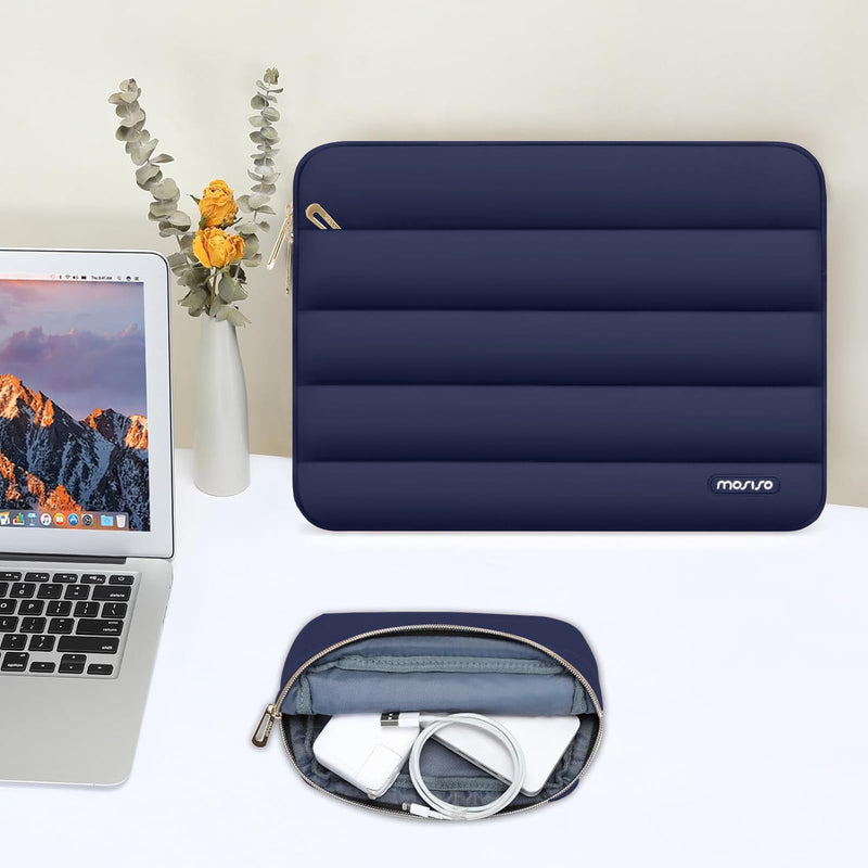 MOSISO Puffy Laptop Sleeve Compatible with MacBook Air/Pro, 13-13.3 inch Notebook, Compatible with MacBook Pro 14 inch M3 M2 M1 Chip 2024-2021, Polyester Horizontal Bag with Small Case, Navy Blue 13.3 inch