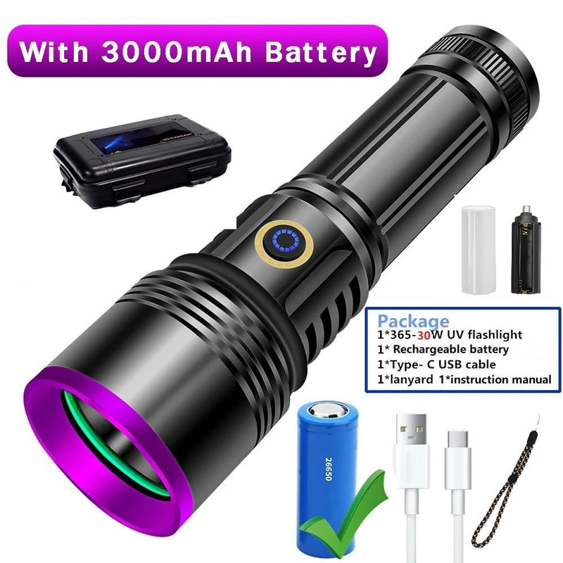 30W 365nm UV Flashlight USB Rechargeable UV Light High Power Black Light Flashlight for Pet Urine Detection, Resin Curing, Minerals, Blood tracking, Scorpion, Rockhounding,Yooperlites, A/C Leak Detect