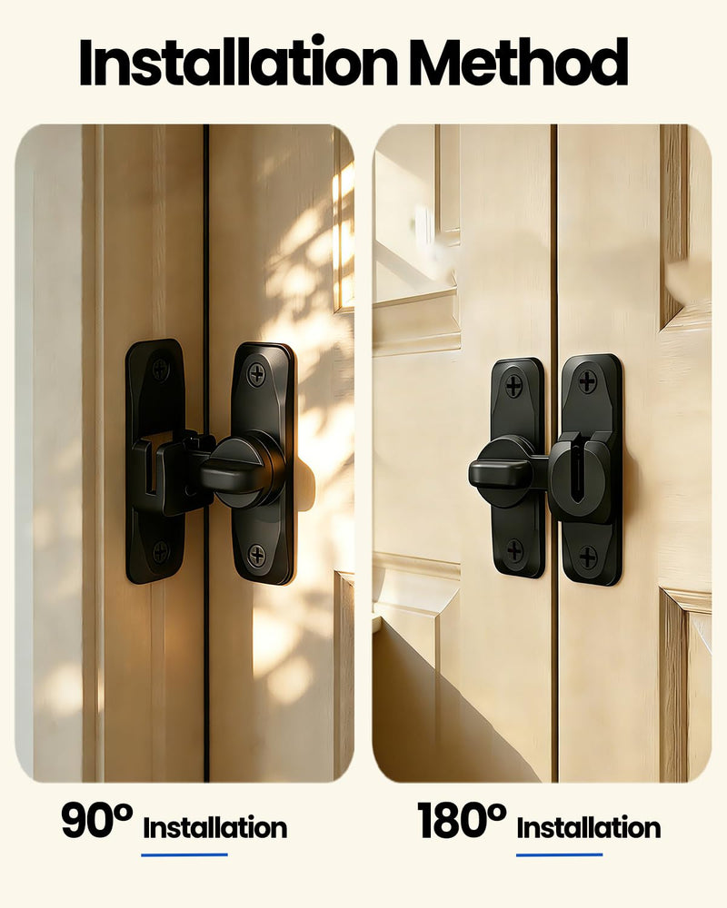 Barn Door Lock and Latche: Black 90/180 Degree Latch, Sliding Barn Door Locks, Small Sliding Gate Latch, Zinc-Alloy Bifold Door Latch for Cabinets, Bathroom, Window, Outdoor, Child Proof (4 Pack) 4 Pack