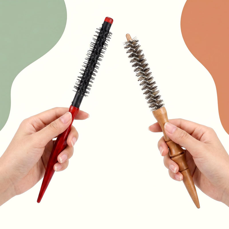 2 Pcs Small Round Brush Boar Bristle Round Brush Quiff Roller | Curling Brush hair Combs for Women Men Stiff Nylon Bristles for Styling Wet Dry Short Bangs Roots Straight Mustache Brushes