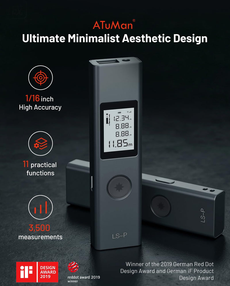 Laser Measure, ATuMan Compact Rechargeable Digital Laser Distance Meter 131 Feet, ±1/16 inch Accuracy, Pythagorean Mode, M/in/Ft Unit Switching, Backlit LCD, Measure Distance, Area and Volume