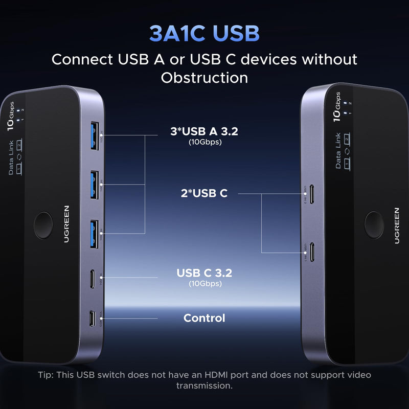 UGREEN 10 Gbps USB-C Switch Support File Sync & Cross-Screen Drag, USBC 3.2 Switch 2 Computers Share 4 USB 3.2 Gen 2 Ports, USB Switcher Selector Sharing Keyboard and Mouse with Controller