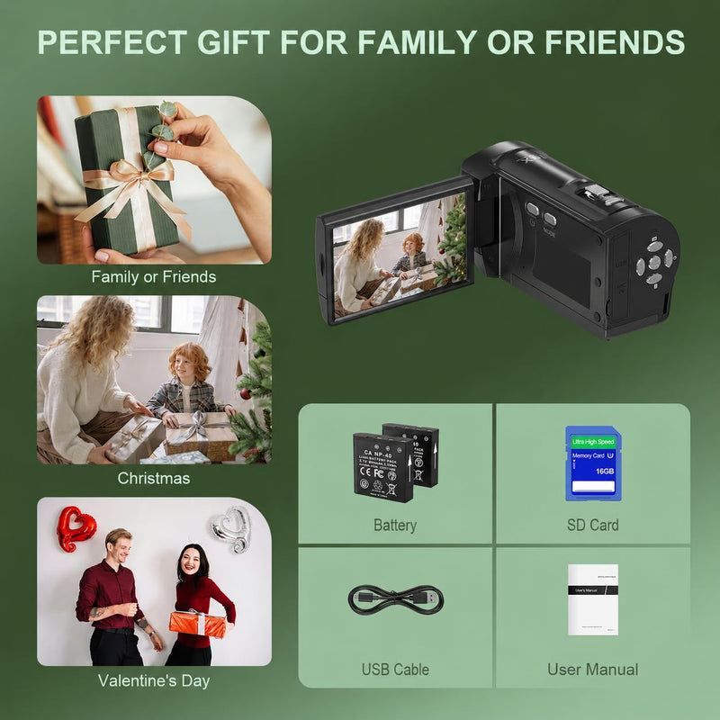 2.7K Video Camera QHD 56MP Camcorder 16X Digital Zoom | Vlogging Cameras for YouTube 270 Degree Rotation Screen Camcorders Webcam with 16G SD Card and 2 Batteries Black