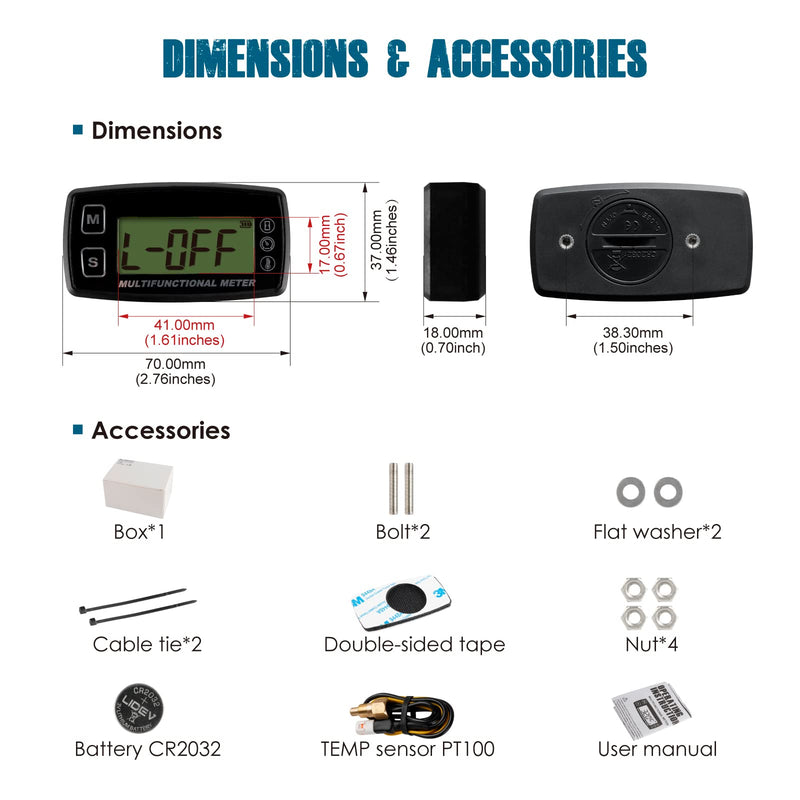 Runleader Digital Oil Water Temperature Gauge,Real-time RPM Display,Alert Temperature&RPM,Working Hours Tracking for Lawn Mower Generator Dirtbike Paramotor Outboard Motor Scooter Compressor.