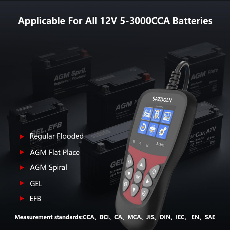 BT900 Car-Battery-Tester 6V 12V, Automotive 100-2000CCA Battery-Load-Tester Analyzer, Digital Auto Battery Analyzer for Car Truck Marine Motorcycle SUV Boat,Black ﻿