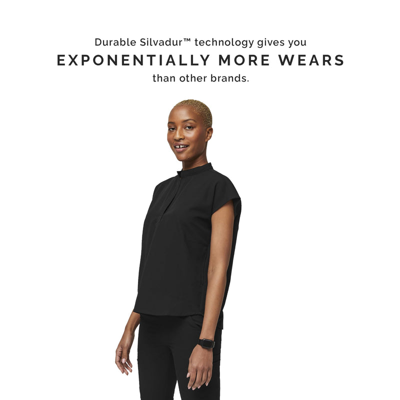 FIGS Rafaela Oversized Scrub Top for Women — Mandarin Collar, Shirttail Hem, 3 Pockets, 4-Way Stretch Small Black 3.0