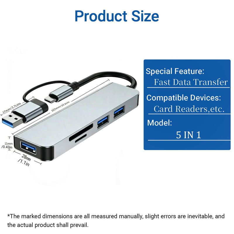 5 in 1 USB C Hub USB-C Multi-Port Adapter with 4K HDMI 100W PD USB 3.0 SD TF Card Reader for Laptops Travel 5in1