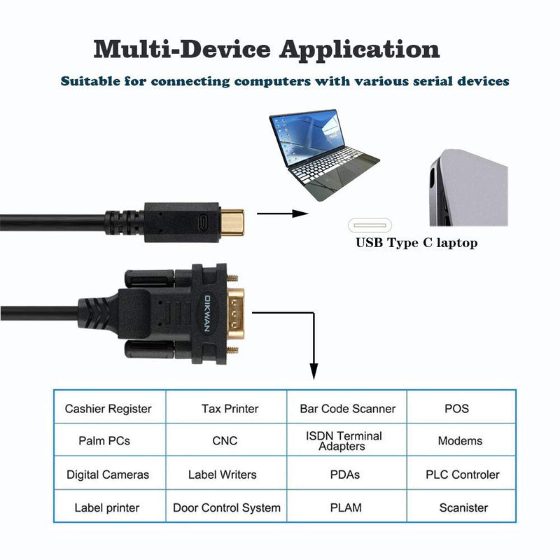 USB Type C to RS232 DB9 Serial Port Adapter Cable, FTDI Chipset, Supports Windows 11, 10, 8, 7 and Mac Linux 6FT USB-C to Serial DB9