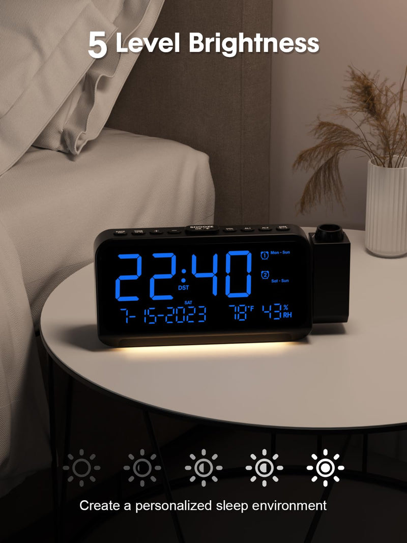 ROCAM Projection Alarm Clock for Bedroom Ceiling, Digital Clock with 180° Projector with 5-Level Dimmer, Dual Loud Alarm with Weekend/Weekday Mode, Date, Temp, Humidity, Night Light, DST, Snooze Blue