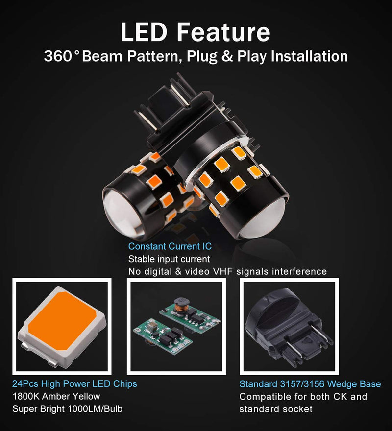 4-Pack Super Bright 3157 3156 3057 4057 4157 LED Bulbs Amber Yellow 9-30V Non-Polarity 24-SMD LED Chipsets with Projector for Turn Signal Lights, Side Marker Lights Pack of 4