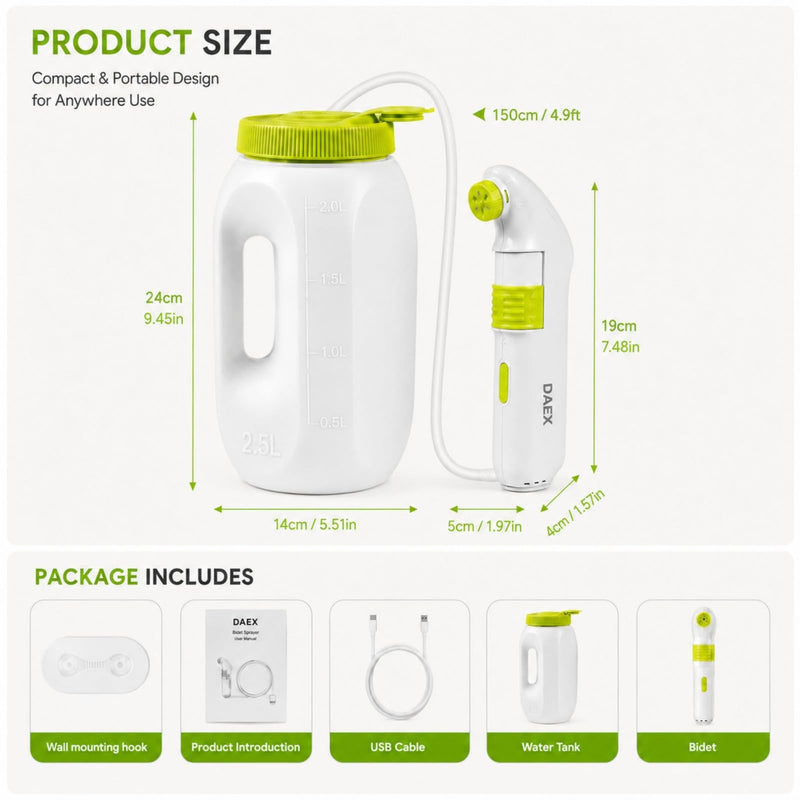 Portable Bidet for Travel – Electric High Pressure Rechargeable Bidet for Women & Men, 2.5L Bottle, 1600mAh Battery, 1300ML/min Strong Flow, Waterproof Personal Hygiene Sprayer for Travel & Home