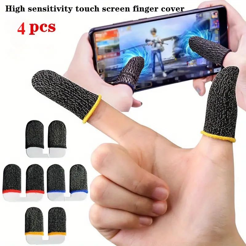 4PCS Breathable Gaming Finger Sleeves - Anti-Sweat Conductive Touchscreen Covers for Smooth Mobile Gaming (Yellow) YELLOW
