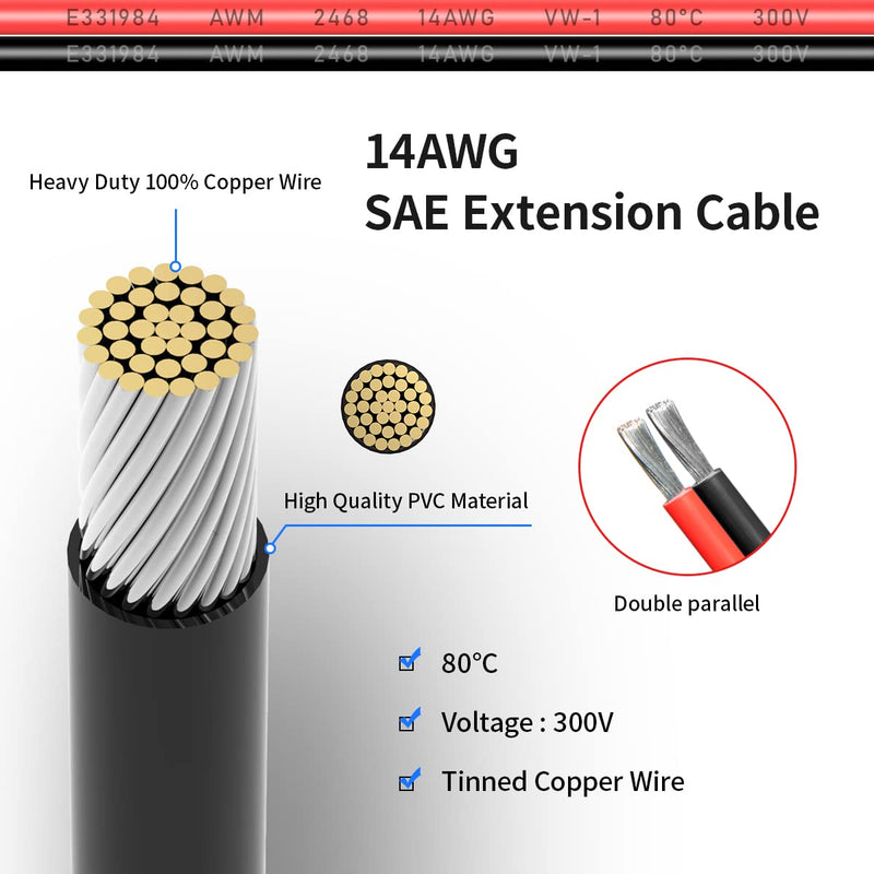 10FT SAE Extension Cable - 3, 6, 10, 20, 35, 50FT Quick Disconnect Wire Harness SAE Connector Plug for Automotive, RV, Battery, Solar Panel 10FT 14AWG SAE Extension Cable