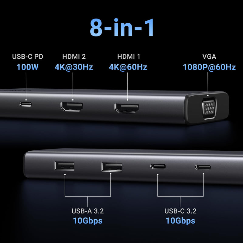 UGREEN 8 in 1 USB C 4K Docking Station Dual Monitor, Triple Display USB C Hub with 2 HDMI, VGA, 2 USB A&C 3.2 Ports, 100W PD, Compatible for MacBook, Dell, HP, Lenovo, Surface etc