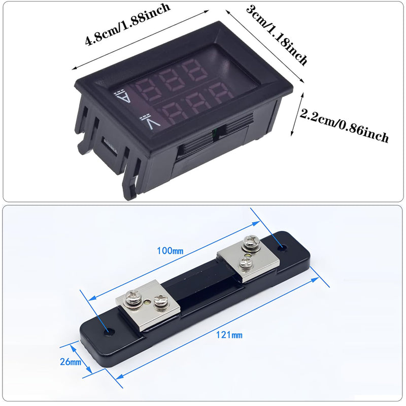 HaoDuoQian Dual Display Volt Amp Meter，2Pcs DC 4.5-100V Digital Voltmeter Ammeter Multimeter Panel LED Digital Current Meter 0-50A LED Display Voltage Gauge Measurement Meters with Shunt
