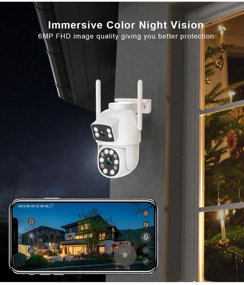 EVERSECU Dual Lens Linkage 6MP WiFi PTZ Security Camera Outdoor, 360° View, Auto Tracking, Motion Detection, Color Night Vision, 2-Way Audio, Compatible with Alexa Single