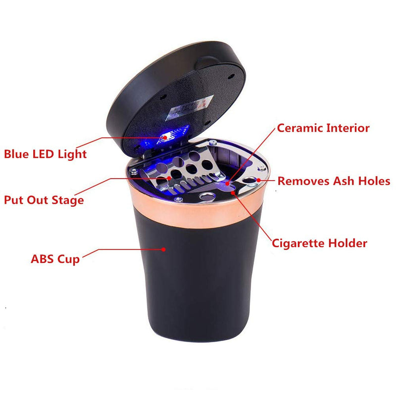 Car Ashtray, Auto Ashtray Cigar Electronic Cigarette Lighter Detachable Solar Powered/USB Rechargeable with Lid Blue LED Light for Most Car Cup Holder Home Office (Black) Black