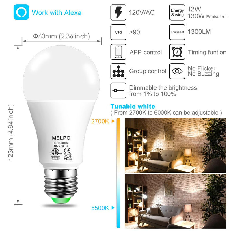 MELPO Alexa Light Bulb 130W Equivalent, Smart Light Bulbs Warm White to Daylight Tunable, A19 E26 Bluetooth LED Bulbs Controlled by BRmesh APP and Alexa only, Timing, Flicker-Free（8 Pack (8) 8